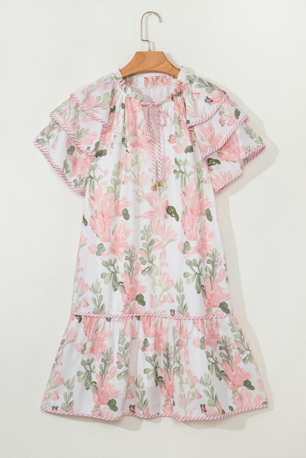 Pink Floral Contrast Edge Layered Short Sleeve Mini Dress