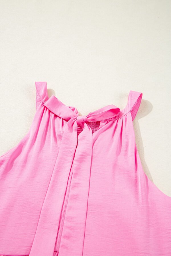 Pink Smocked Neck Knot Back Frilly Tiered Sleeveless Mini Dress