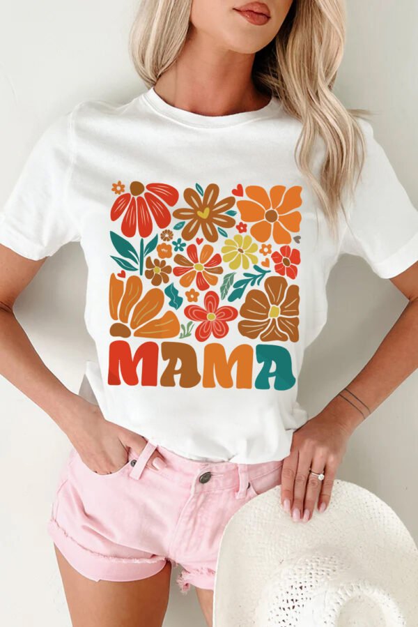 White MAMA Flower Graphic Crewneck Tee