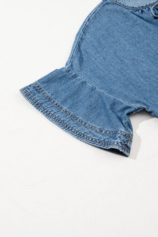 Dusk Blue Denim Ruffled Sleeve Lace up Front Peplum Top