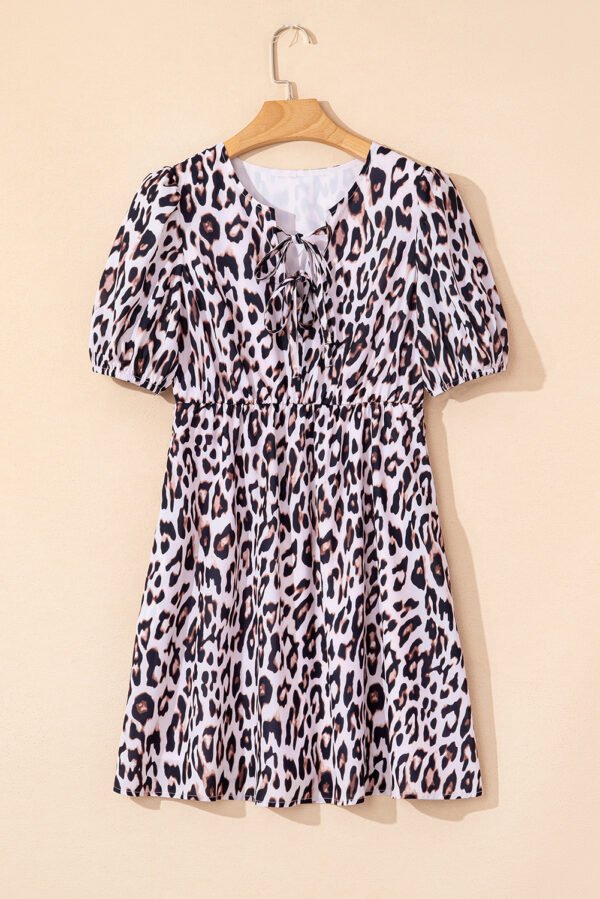 Brown Leopard Tied Front Keyhole Puff Short Sleeve Mini Dress