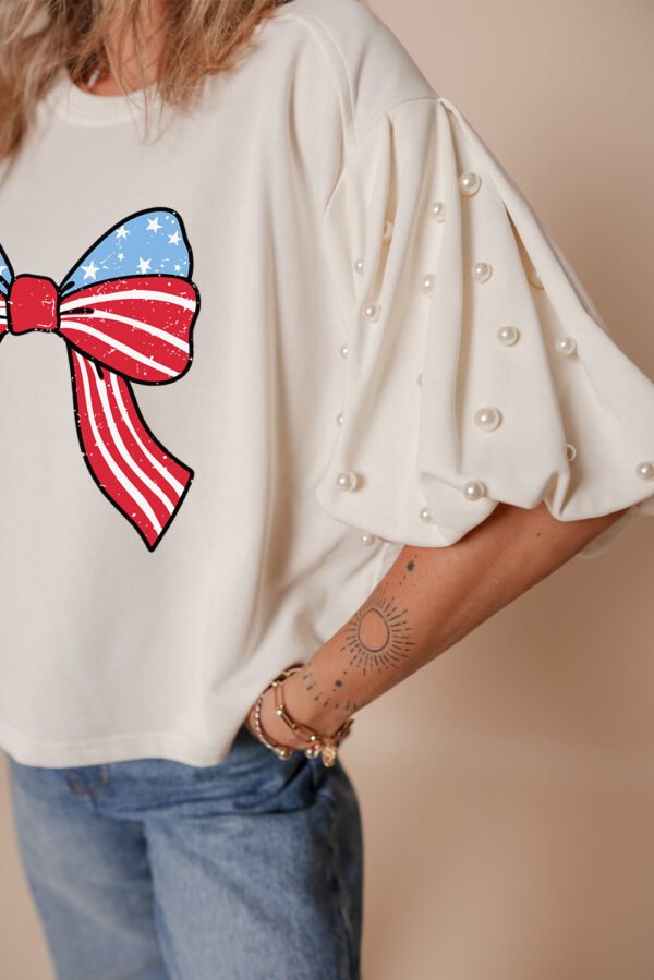 White Stars Stripes Bowknot Graphic Pearled Puff Half Sleeve T Shirt