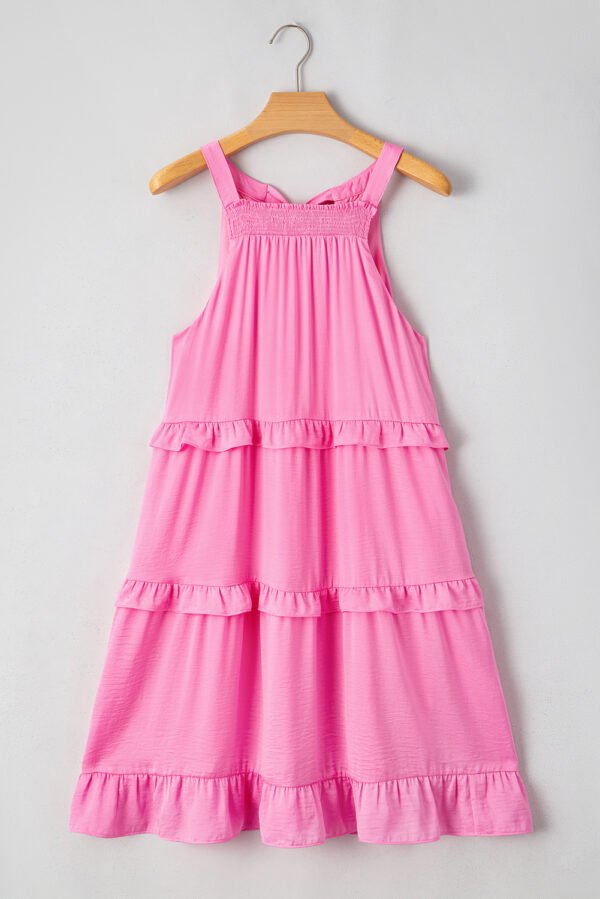 Pink Smocked Neck Knot Back Frilly Tiered Sleeveless Mini Dress