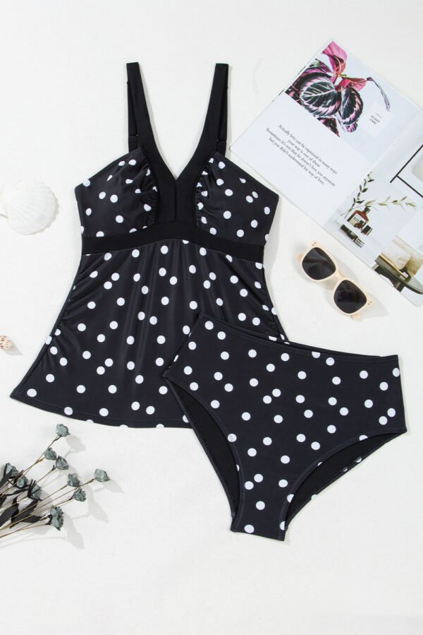 Black Polka Dot Print V Neck Tankini Set