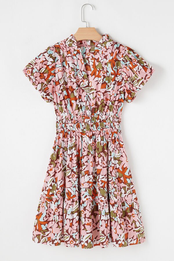 Pink Floral Print Puff Sleeve Shirred High Waist Mini Dress