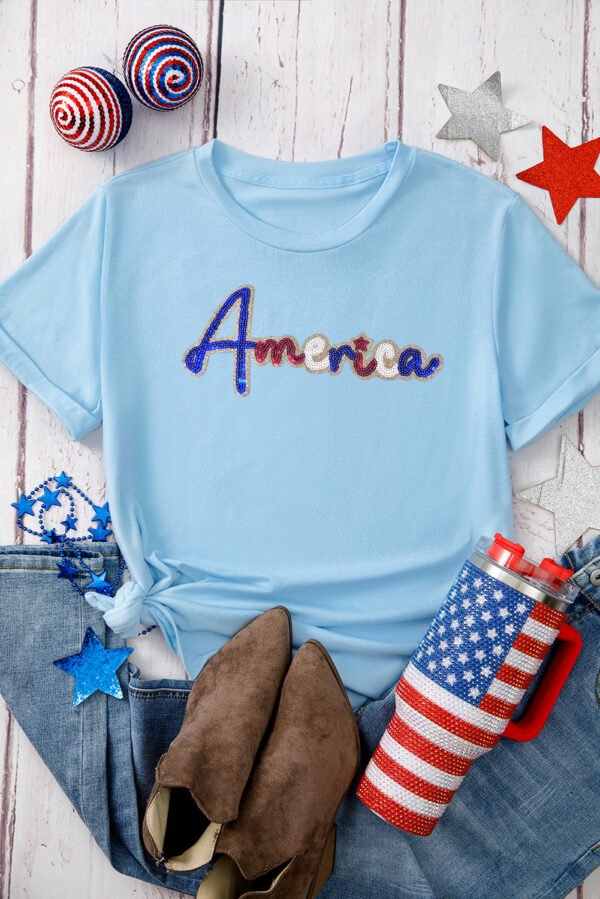 Light Blue Sequin America Graphic Crewneck Patriotic T Shirt
