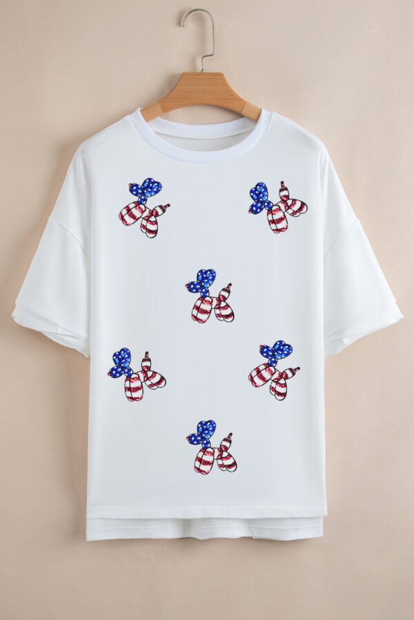 White Sequin USA Flag Balloon Puppy Graphic Drop Shoulder High Low Tee