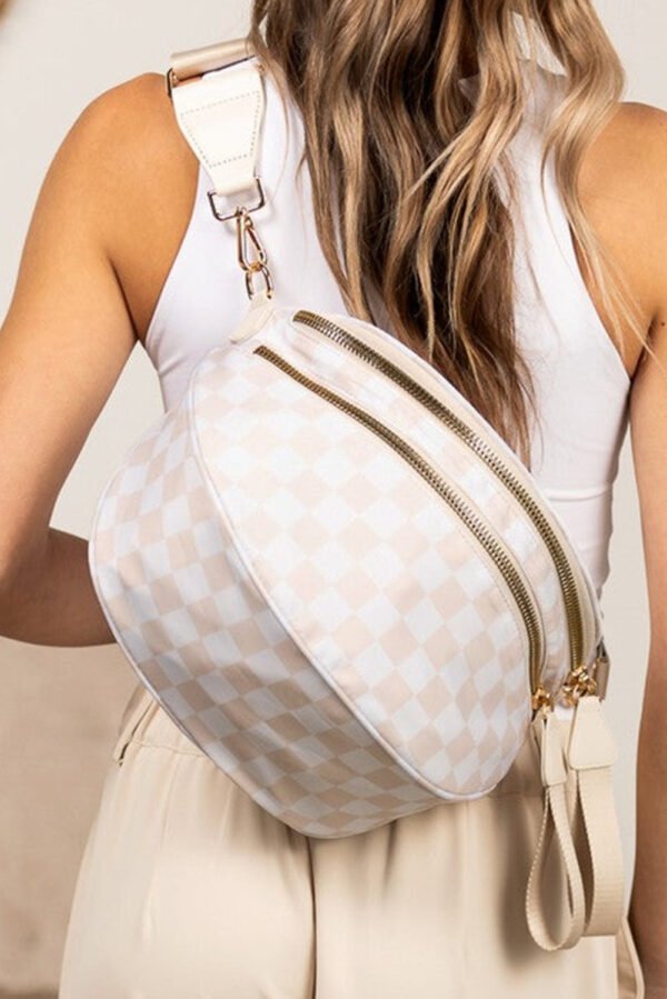 White Checkered Print Wide Strap Large Crossbody Bag
