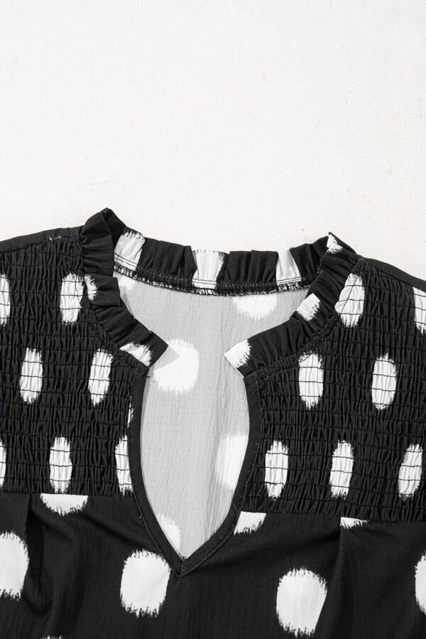Black Polka Dot Print Shirred Yoke Notched Neck Balloon Sleeve Blouse