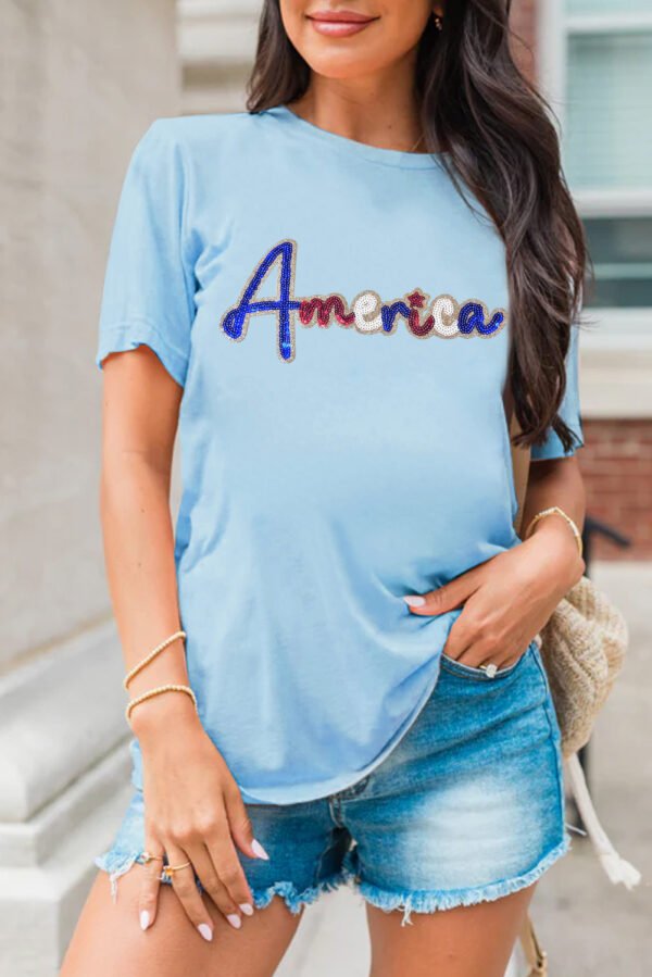 Light Blue Sequin America Graphic Crewneck Patriotic T Shirt