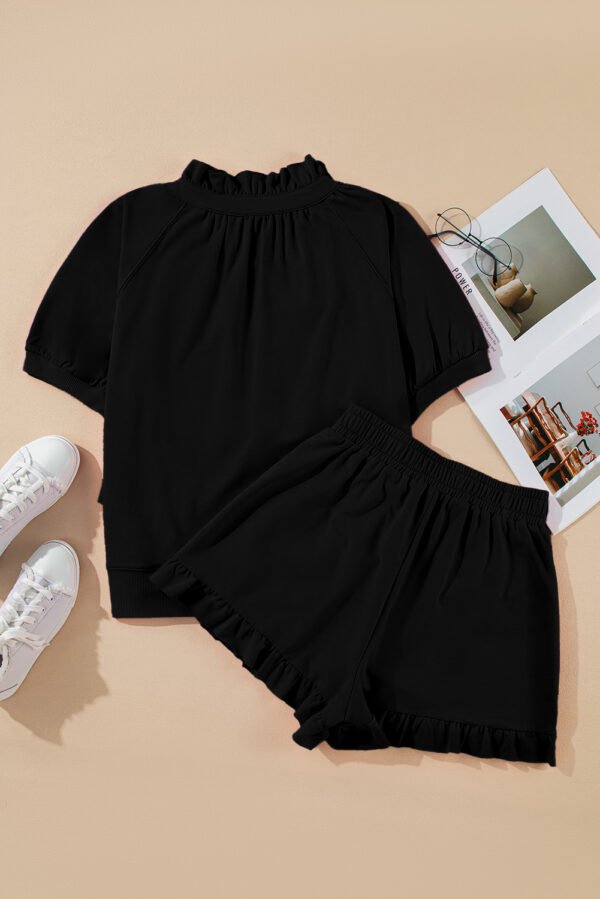 Black Half Zip Puff Sleeve Top and Ruffled Shorts Set
