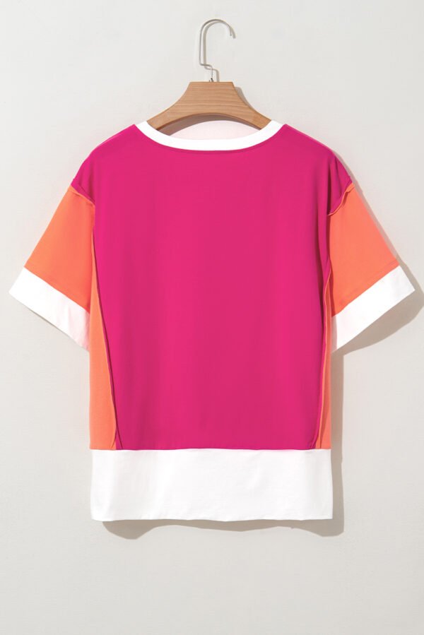 Rose Red Color Block Patchwork Side Slits Loose Fit T Shirt