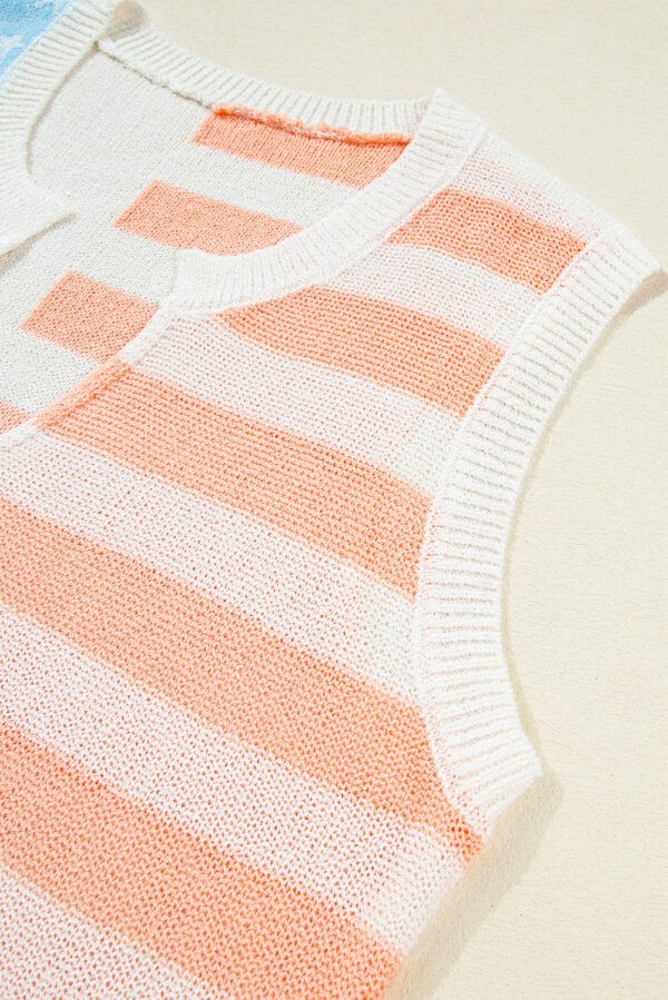 Beige USA Flag Notched Neckline Loose Sweater Vest
