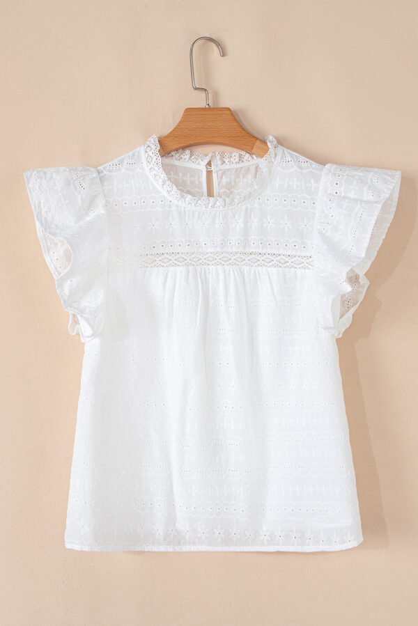 White Lace Neckline Flutter Sleeve Eyelets Blouse