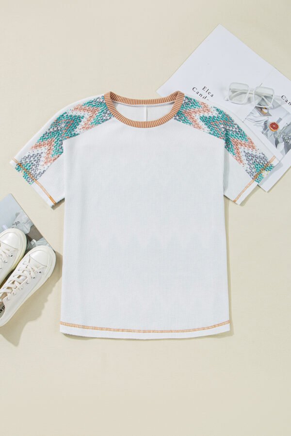 White Chevron Patchwork Raglan Sleeve Knitted T Shirt