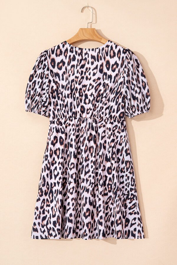 Brown Leopard Tied Front Keyhole Puff Short Sleeve Mini Dress