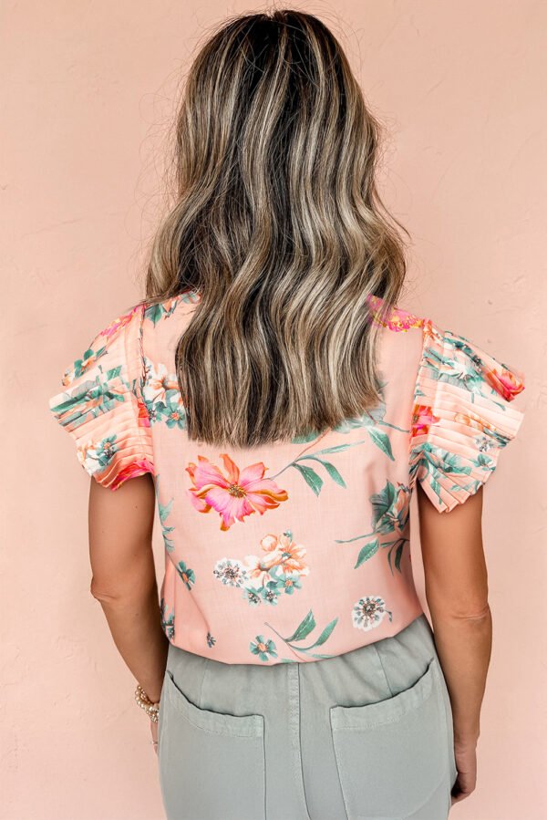 Pink Floral Print Frilled V Neck Pleated Sleeve Blouse