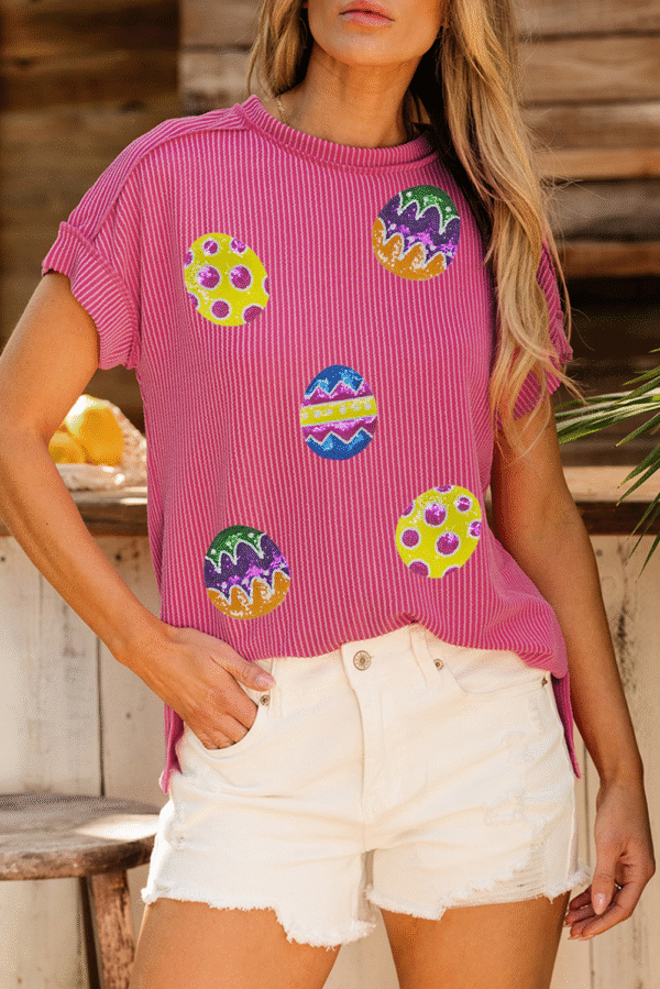 Rose Red Sequin Easter Egg Patched Graphic Crewneck Ribbed Tee