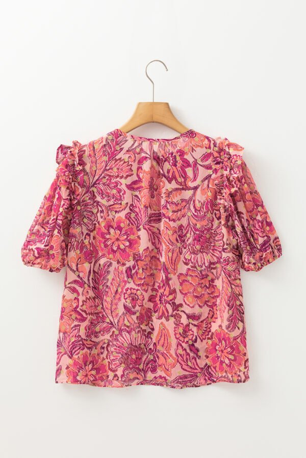 Red Floral Print Ruffled Puff Short Sleeve Blouse