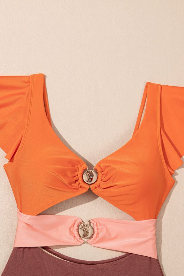 Orange Ruffle Sleeve Tricolor Cutout Front Ring One Piece Swimsuit