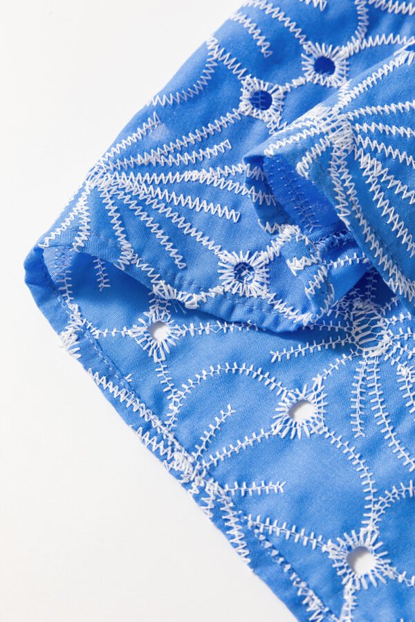 Sky Blue Eyelet Flower Embroidery Frilled Short Puff Sleeve Blouse