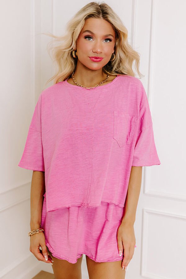 Sachet Pink Loose Fit Half Sleeve T Shirt and High Waist Skirt Set