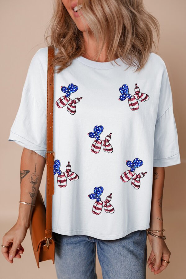 White Sequin USA Flag Balloon Puppy Graphic Drop Shoulder High Low Tee