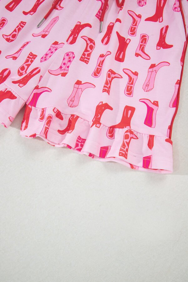 Pink Western Cowgirl Boots Printed Shirt Ruffled Shorts Pajama Set