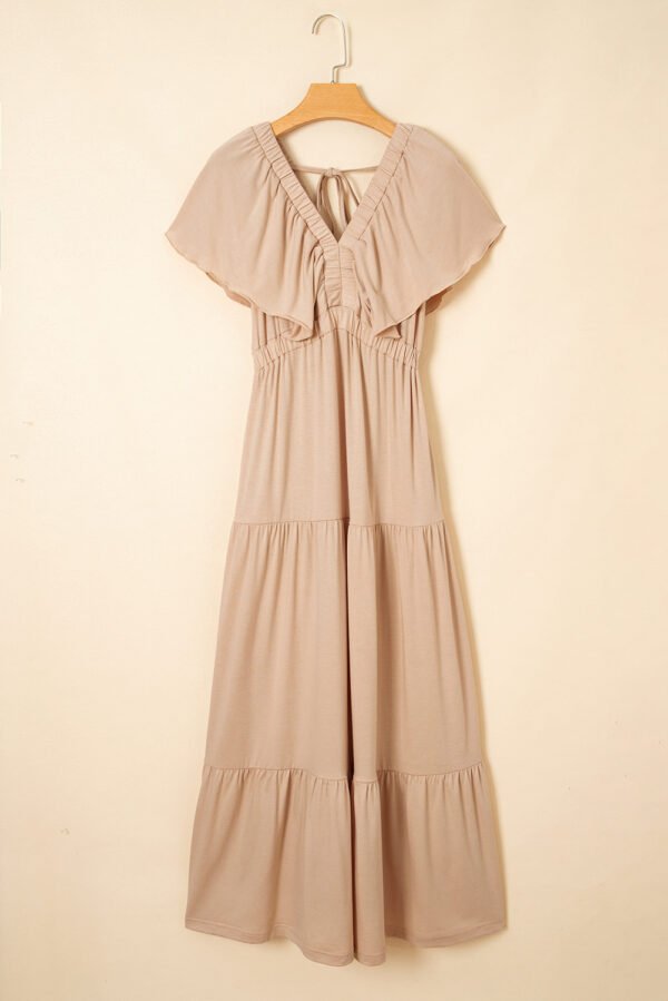 Parchment Textured V Neck Flutter Sleeve Ruffled Maxi Dress