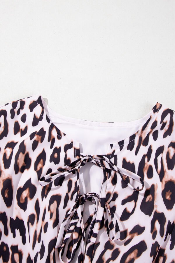 Brown Leopard Tied Front Keyhole Puff Short Sleeve Mini Dress