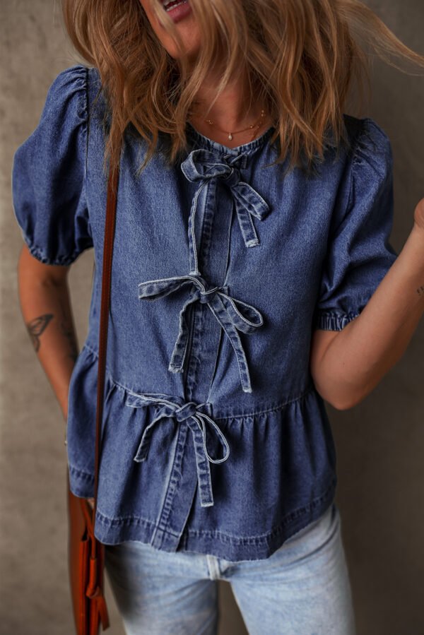 Sail Blue Tied Front Bubble Sleeve Peplum Denim Shirt