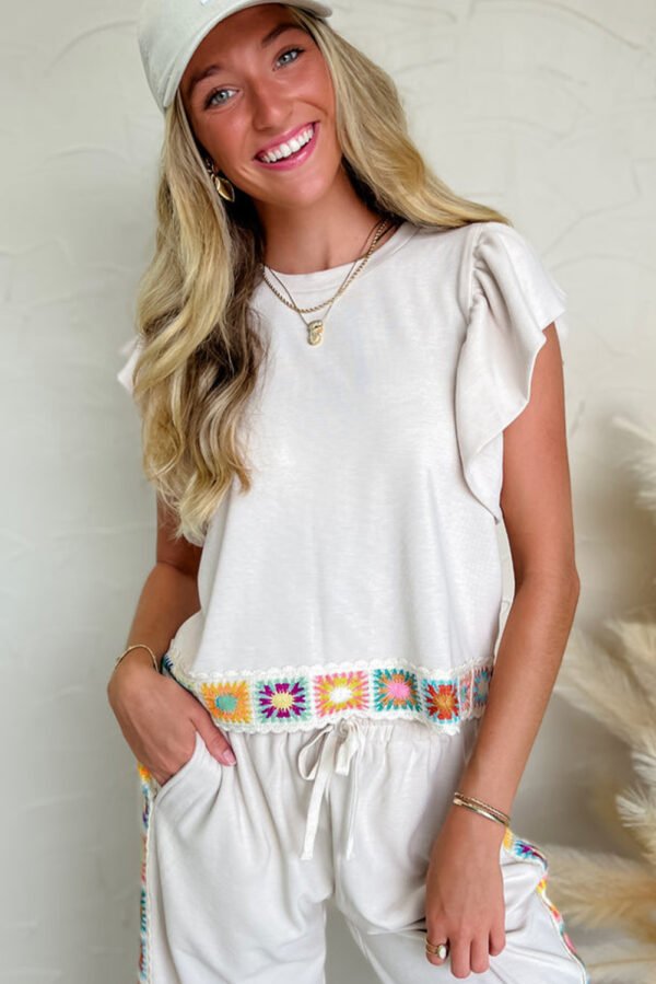 White Floral Crochet Patched Ruffled Sleeve Crewneck Blouse