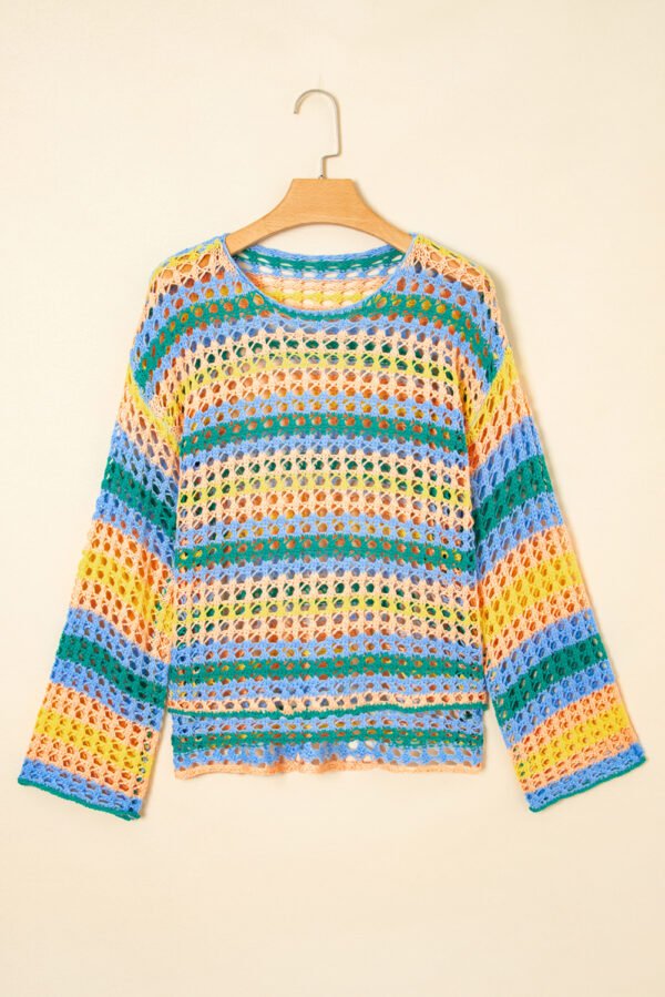 Beau Blue Multi Stripe Open Knit Sweater Beach Cover Up