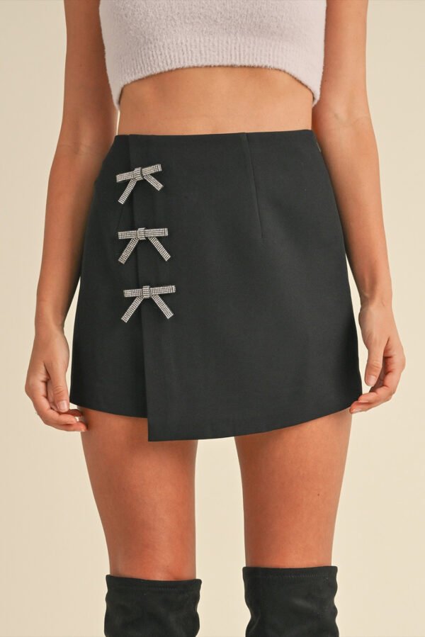 Black Rhinestone Bow Wrap High Waist Mini Skirt