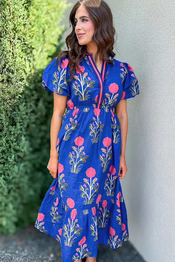 Sky Blue Floral Puff Short Sleeve V Neck High Waist Maxi Dress