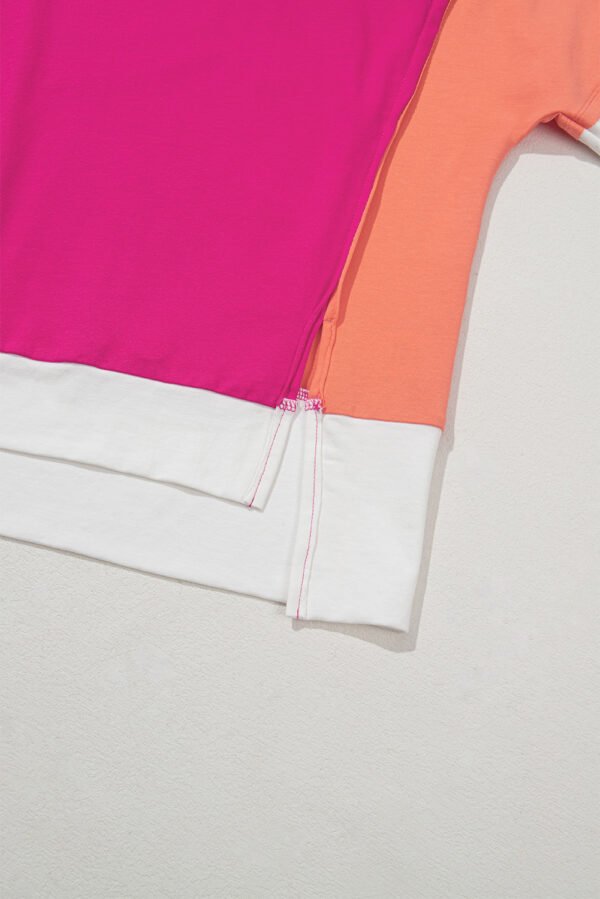 Rose Red Color Block Patchwork Side Slits Loose Fit T Shirt
