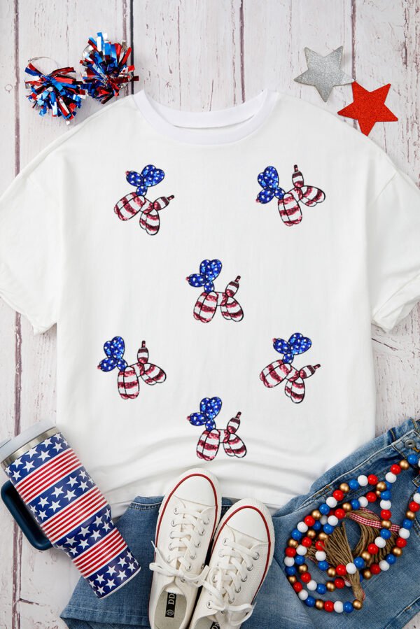 White Sequin USA Flag Balloon Puppy Graphic Drop Shoulder High Low Tee