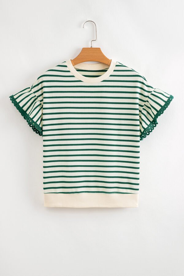 Green Stripe Scallop Lace Trim Ruffle Short Sleeves Crewneck Top