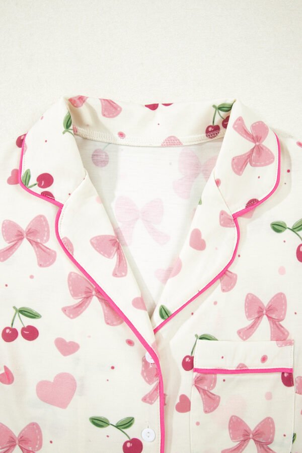 Beige Bow Fruit Print Contrast Pipping Short Pajamas Set