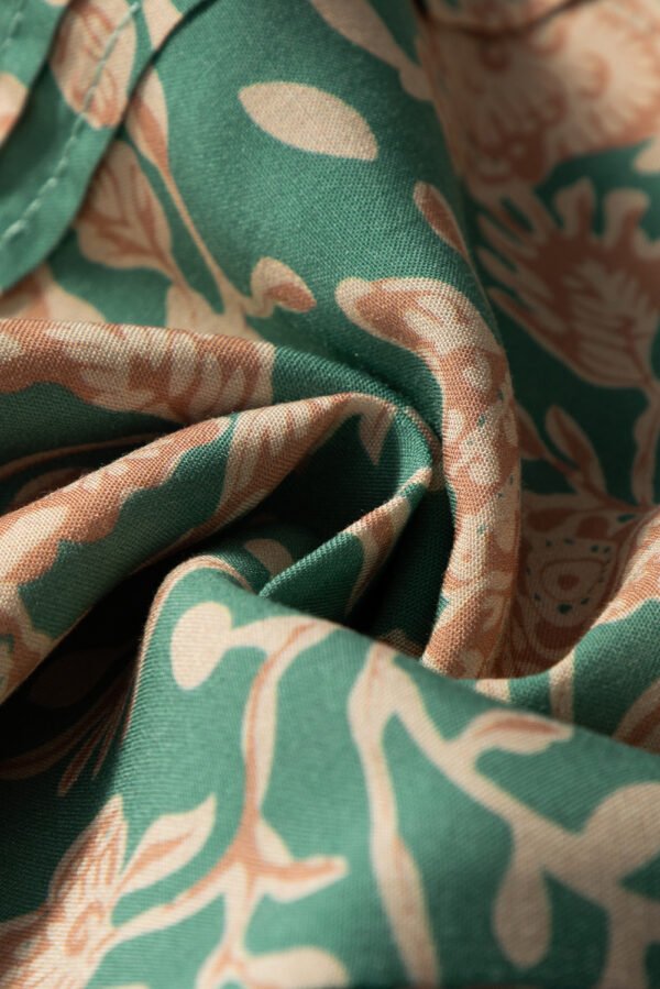 Green Floral Print Pleated Buttoned V Neck Short Sleeve Blouse