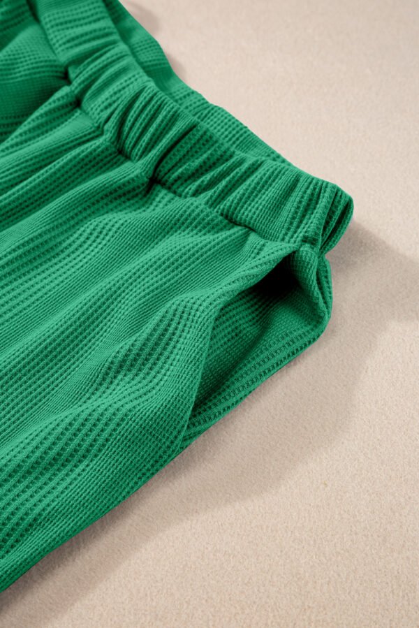 Green Solid Color Ribbed Ruffle Tank Top and Pants Set