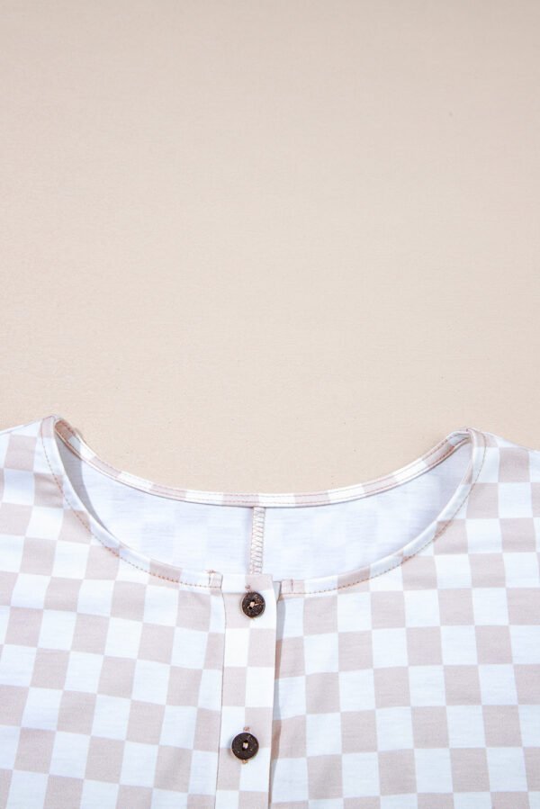 Apricot Checkered Print Buttoned Crew Neck Wide Leg Jumpsuit