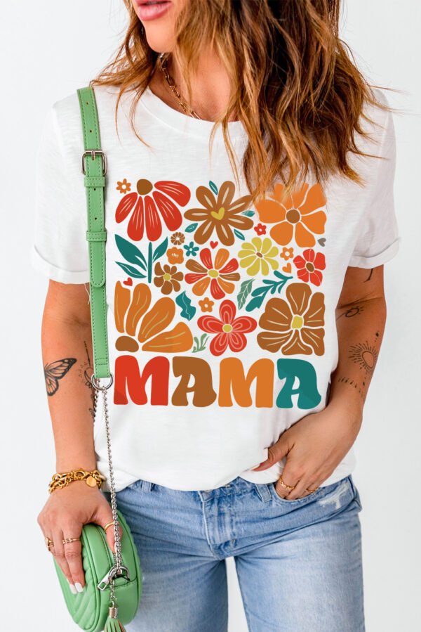 White MAMA Flower Graphic Crewneck Tee
