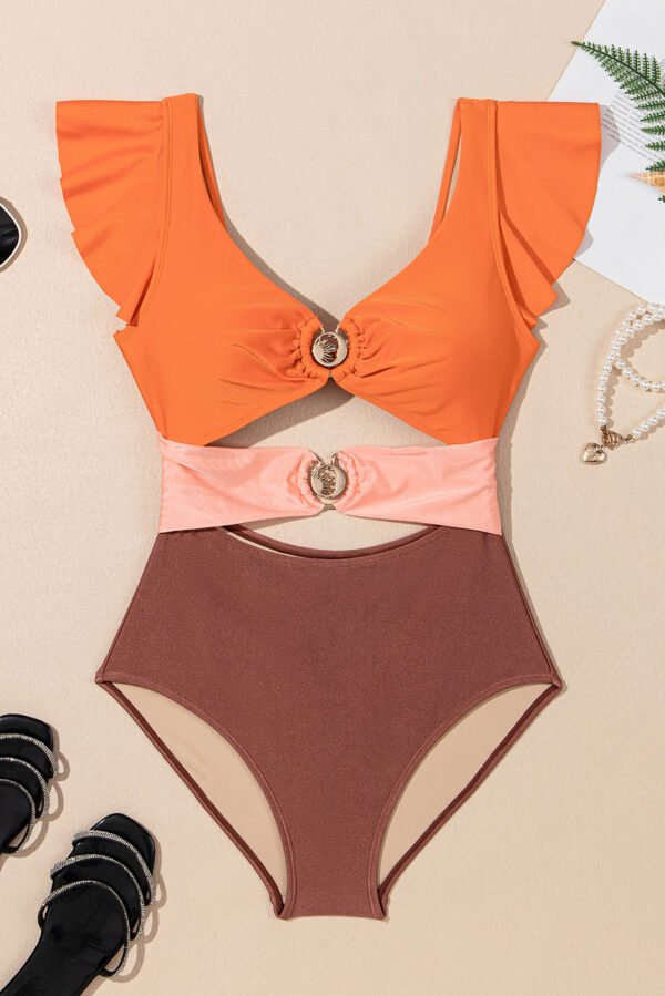 Orange Ruffle Sleeve Tricolor Cutout Front Ring One Piece Swimsuit