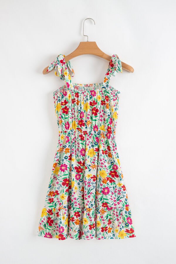 Red Floral Knotted Straps Cinched Waist Ruffle Hem Mini Dress