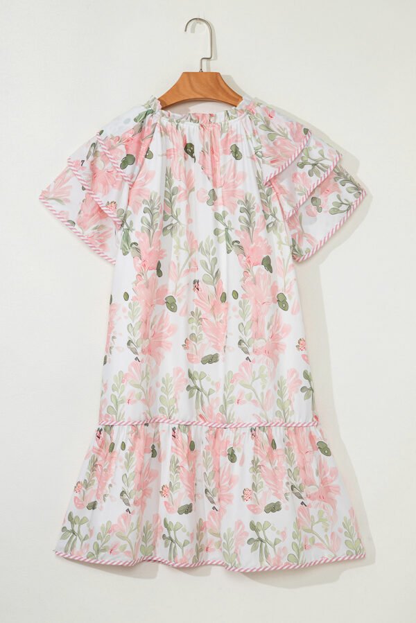 Pink Floral Contrast Edge Layered Short Sleeve Mini Dress