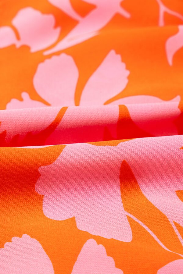 Orange Floral Print Collared Button Neckline Flutter Sleeve Blouse