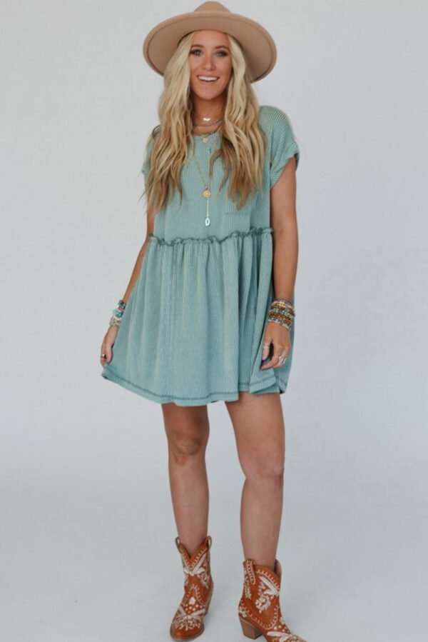 Canton Corded Knit Textured Patched Pocket Frilled Swing Mini Dress with Pockets
