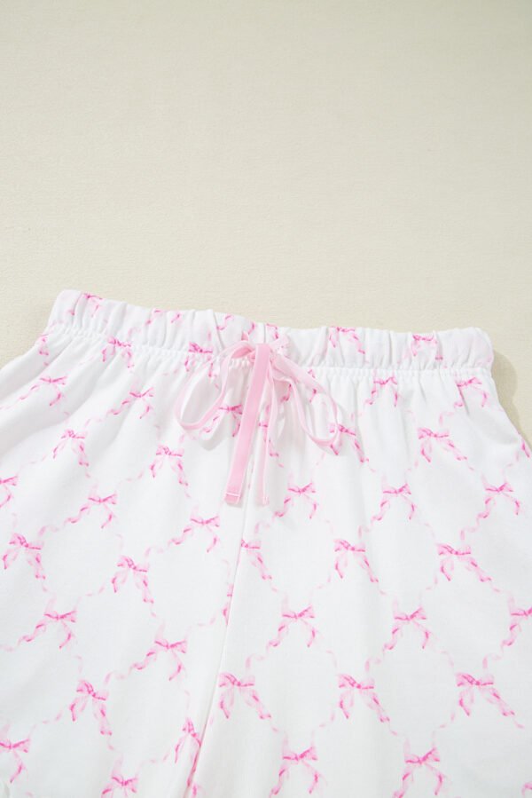 Pink Bow Knot Geometric Print Lettuce Trim Two Piece Lounge Set