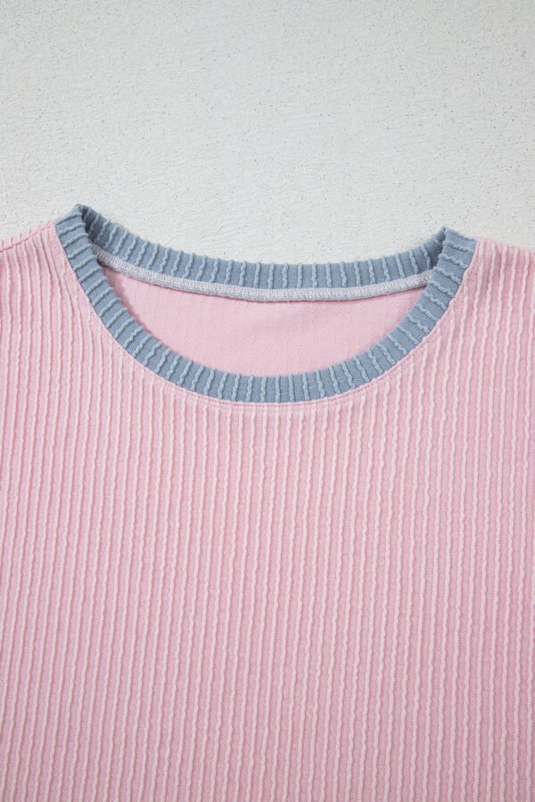 Pink Corded Colorblock Patchwork Short Sleeve Top and Loose Pants Set